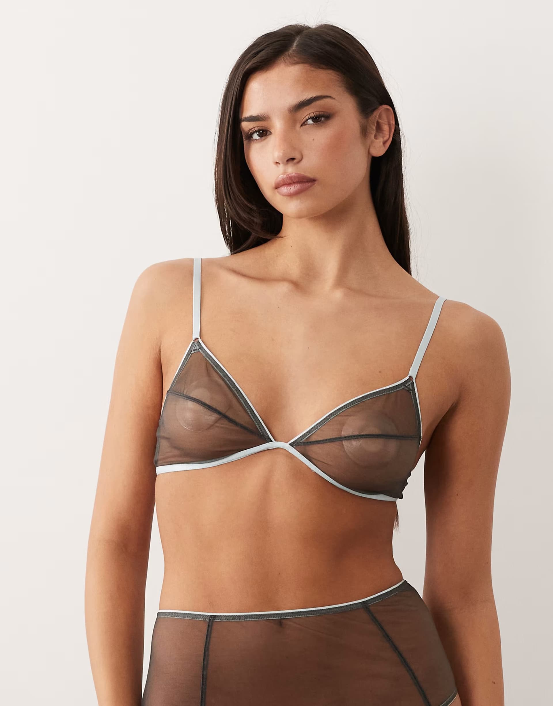 ASOS ASOS DESIGN Emilia sheer mesh triangle bra with contrast trim in grey