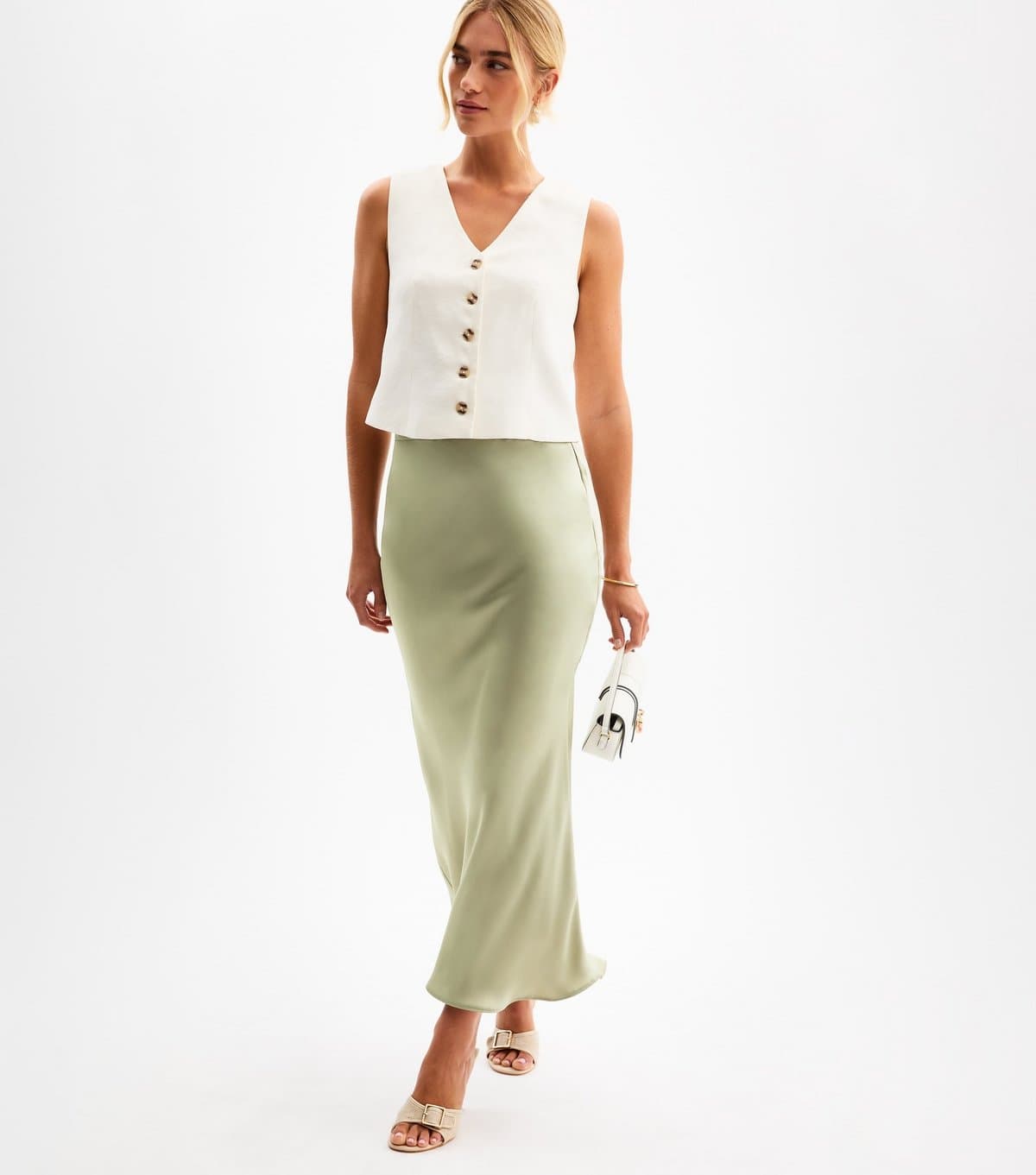 New Look Women's Light Green Bias Cut Satin Midi Skirt New Look