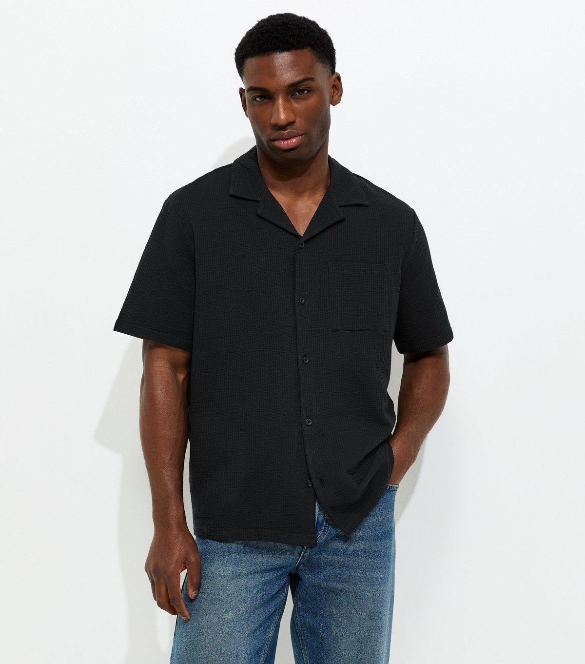 Only and Sons Men's Black Cotton Rich Relaxed Textured Short Sleeve Shirt Only and Sons New Look - 2