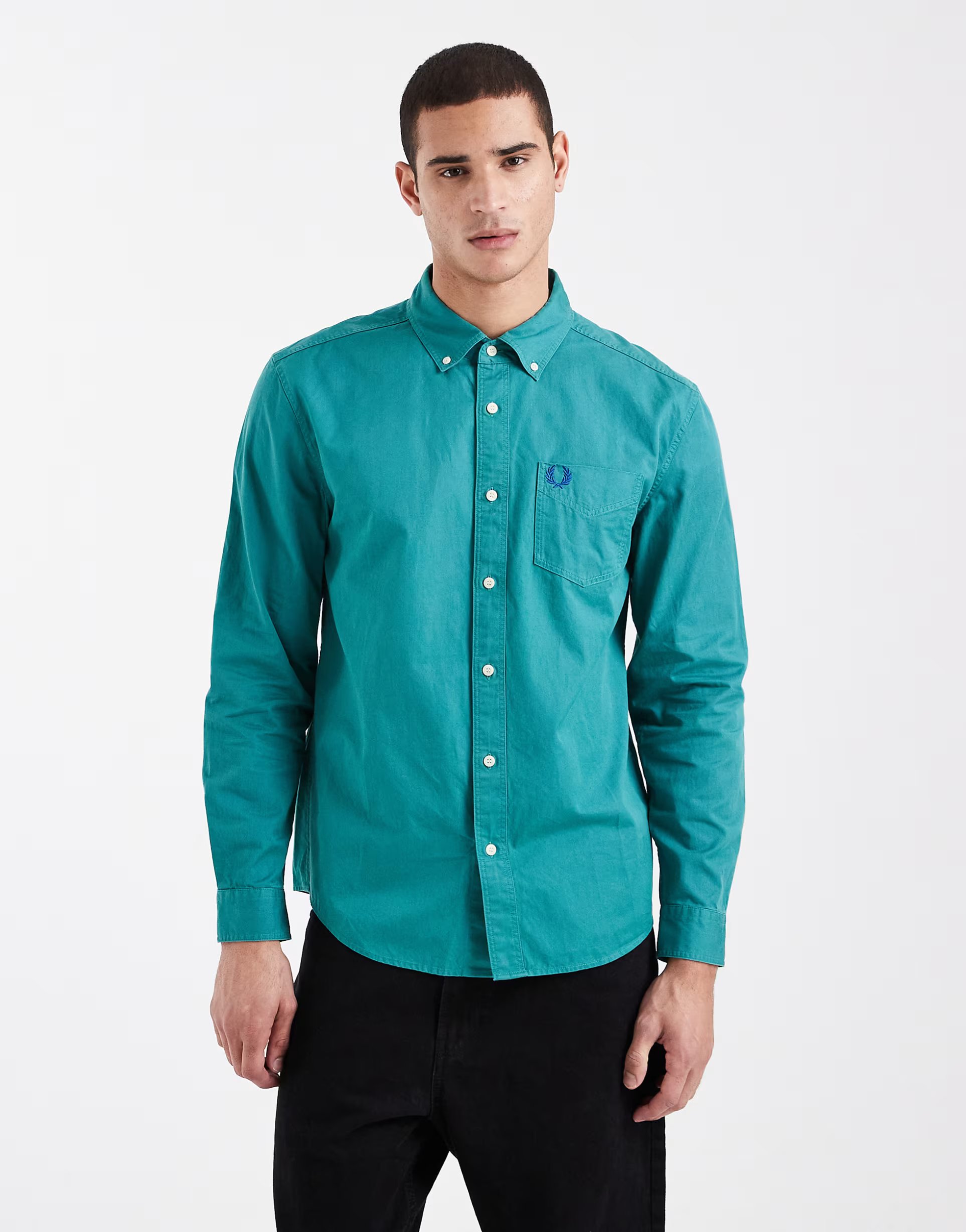 ASOS Fred Perry relaxed fit washed twill pocket logo shirt in teal - 1