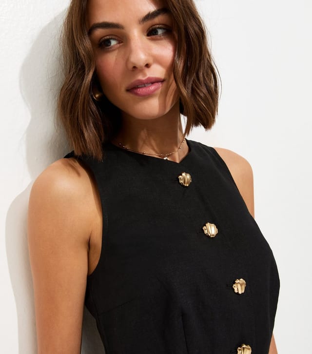 New Look Women's Black Linen Rich Gold Tone Button Up Waistcoat New Look - 2