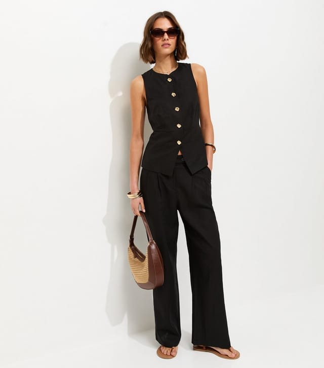 New Look Women's Black Linen Rich Gold Tone Button Up Waistcoat New Look - 3