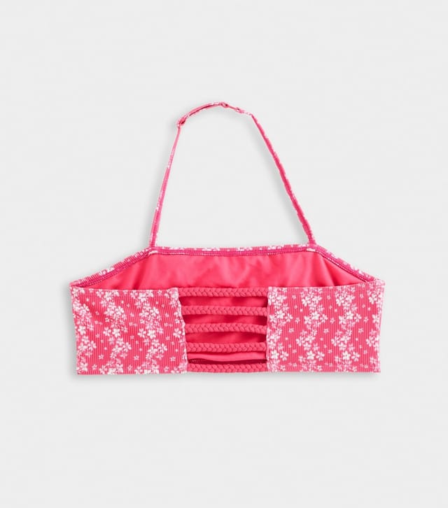 New Look Girls' Dark Pink Floral Stripe Bandeau Bikini Top and Bottoms Set New Look - 2