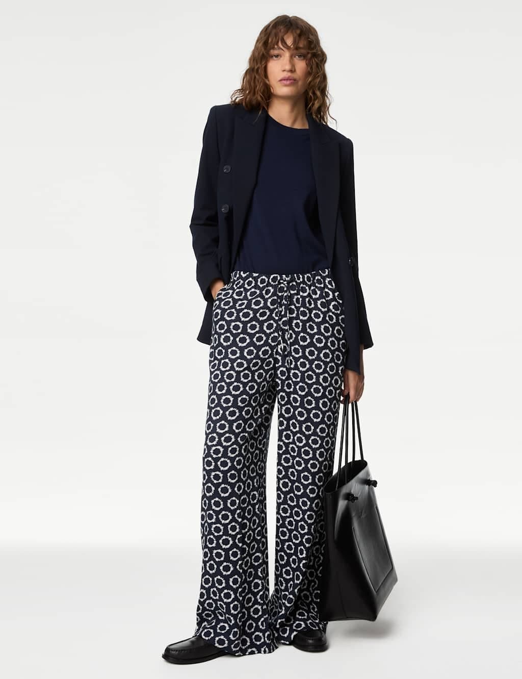 Marks & Spencer M&S Wide Leg Floral Elasticated Waisted Trousers Navy Mix