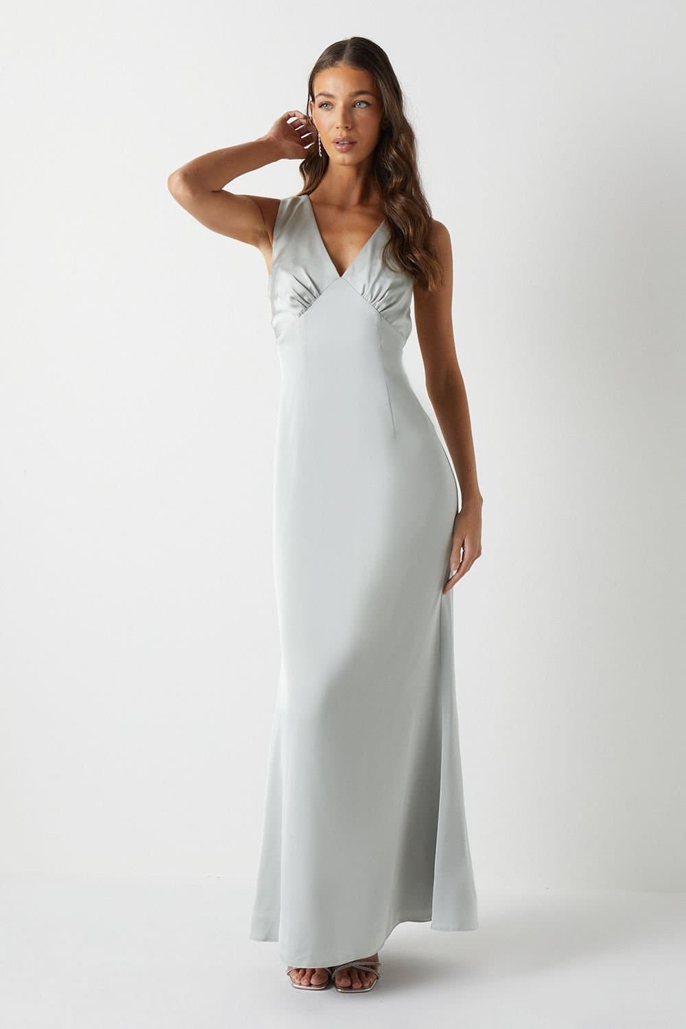 Coast Coast Women's Bow Back V Neck Satin Bridesmaid Dress in Sage