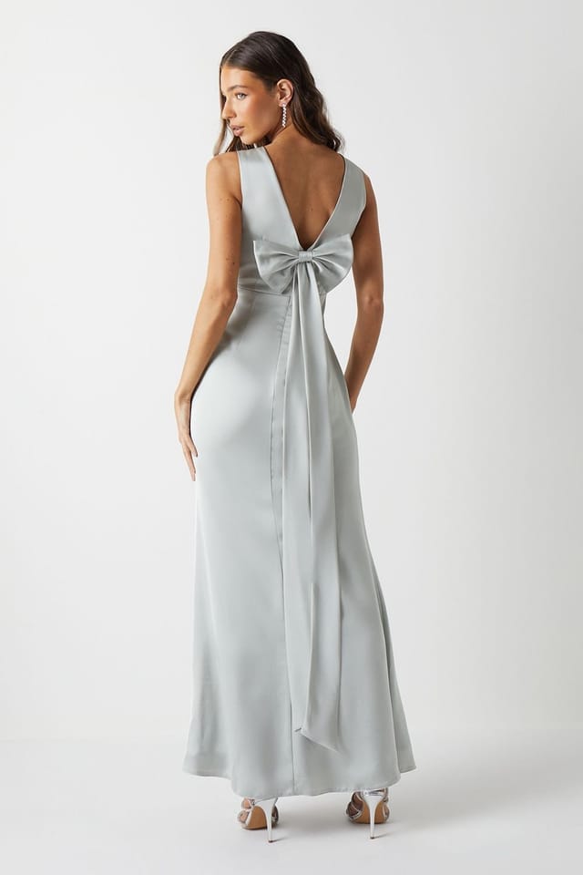Coast Coast Women's Bow Back V Neck Satin Bridesmaid Dress in Sage - 3