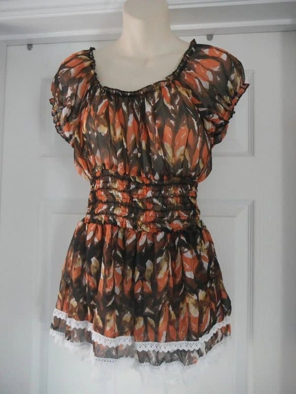 Carbon Carbon Blouse Ladies Size 14 Brown Fire Lace Hem Chiffon Top Summer Holiday New