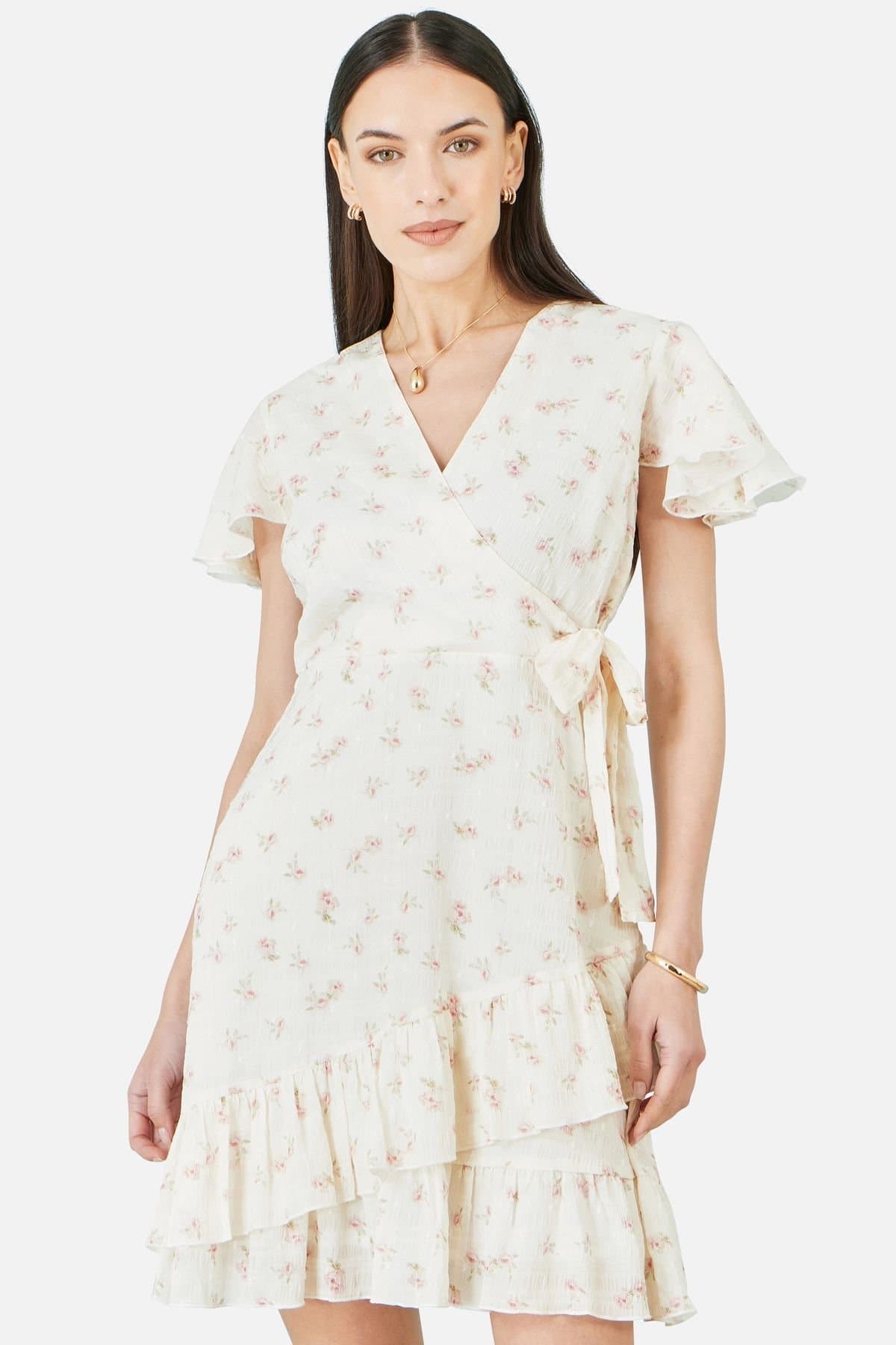 Yumi Yumi Women's White Rose Print Wrap Over Frill Dress in Warm White