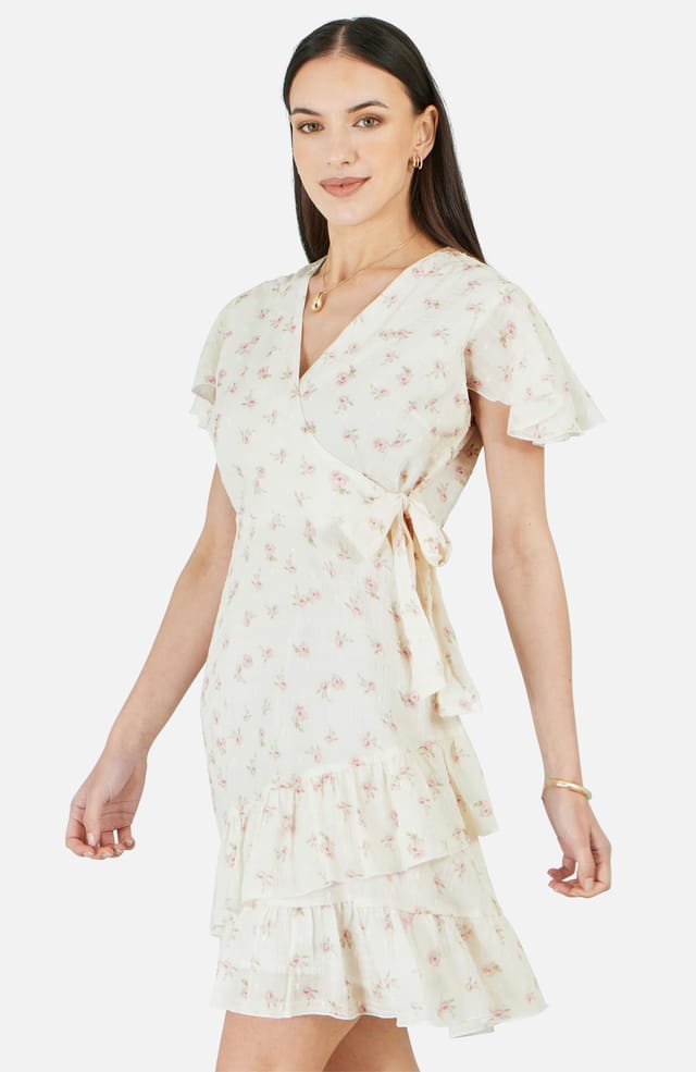 Yumi Yumi Women's White Rose Print Wrap Over Frill Dress in Warm White - 2