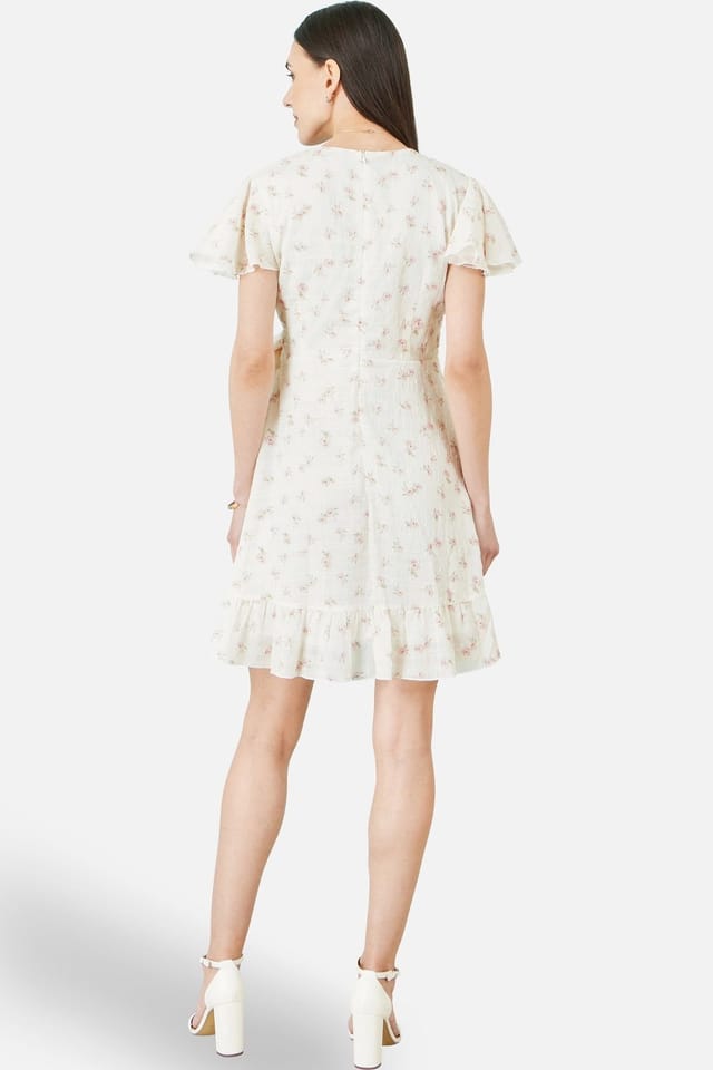 Yumi Yumi Women's White Rose Print Wrap Over Frill Dress in Warm White - 3