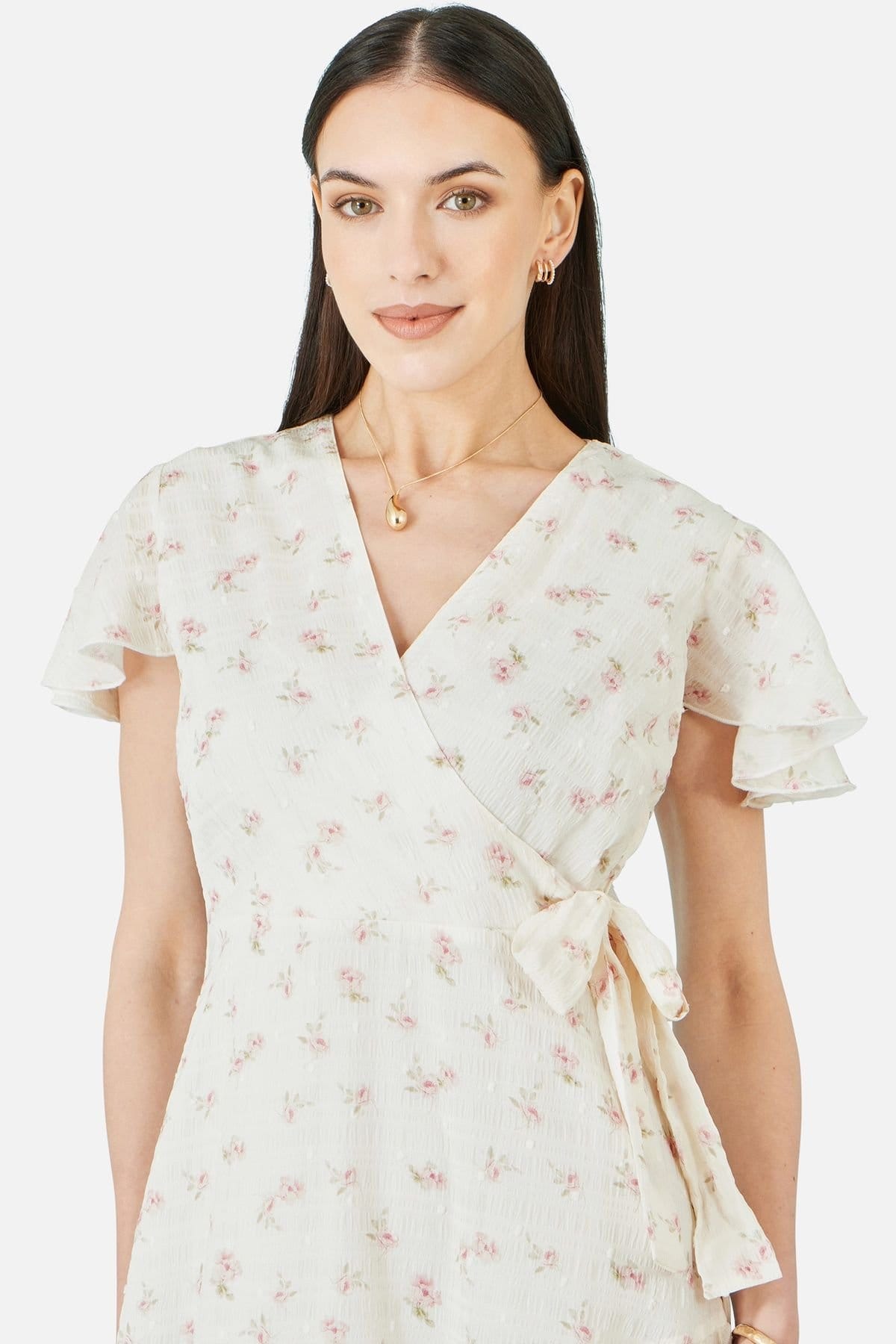 Yumi Yumi Women's White Rose Print Wrap Over Frill Dress in Warm White - 4