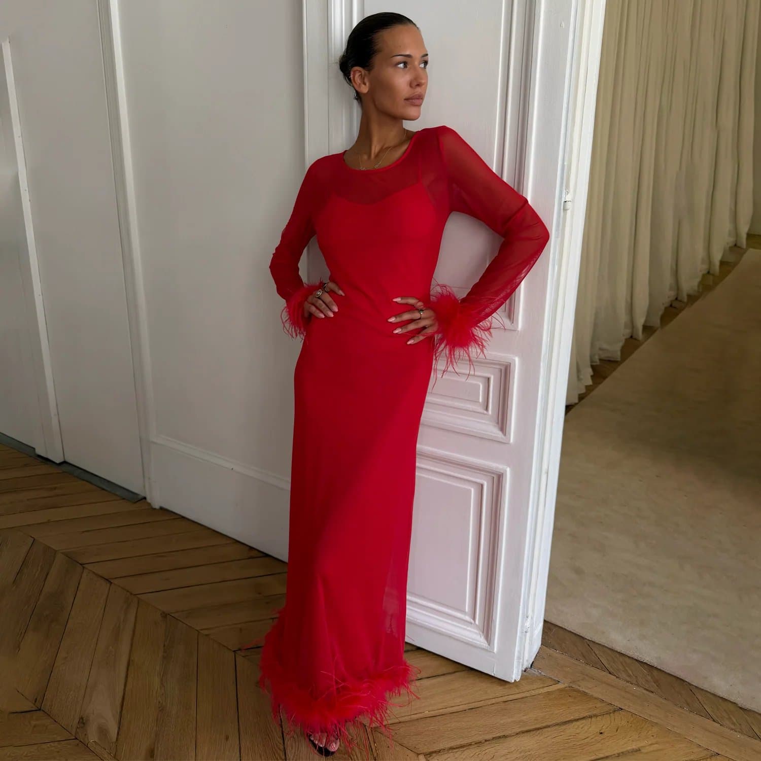 Never Fully Dressed Red Feather Mesh Dress
