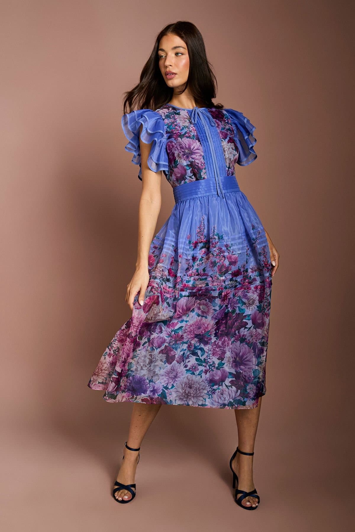 Coast Coast Women's Lisa Tan Organza Ruffle Printed Midi Dress in Blue