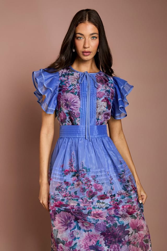 Coast Coast Women's Lisa Tan Organza Ruffle Printed Midi Dress in Blue - 2