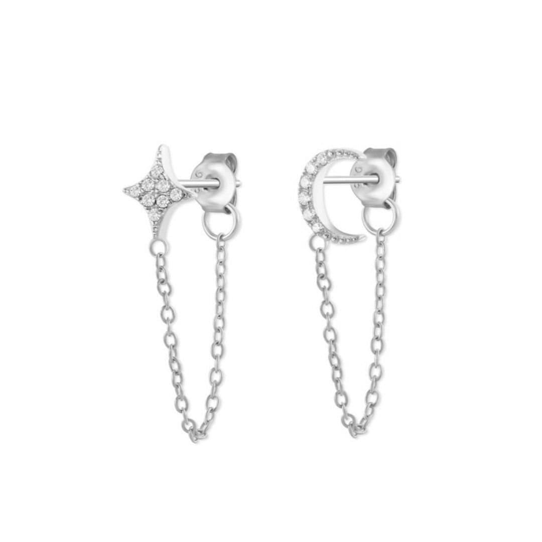 Gold Trip Gold Trip Women's Crystal Star & Moon Chain Earrings in Silver