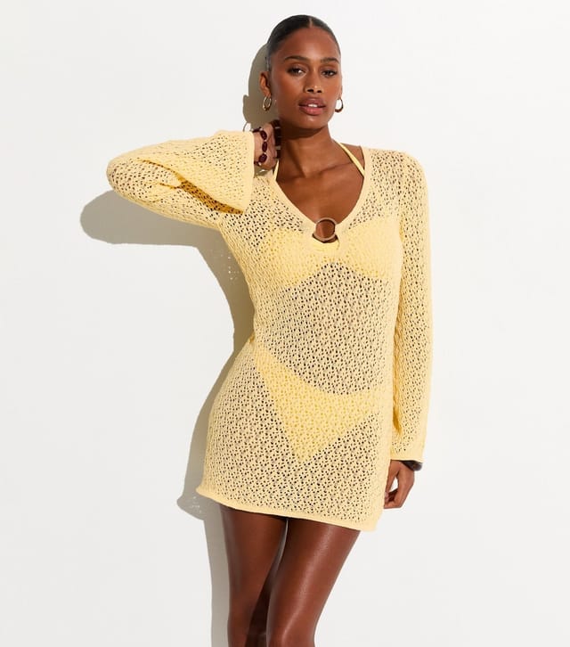 New Look Women's Light Yellow O-Ring Crochet Beach Kaftan Dress New Look - 2