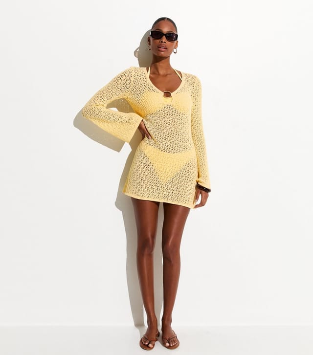 New Look Women's Light Yellow O-Ring Crochet Beach Kaftan Dress New Look - 3