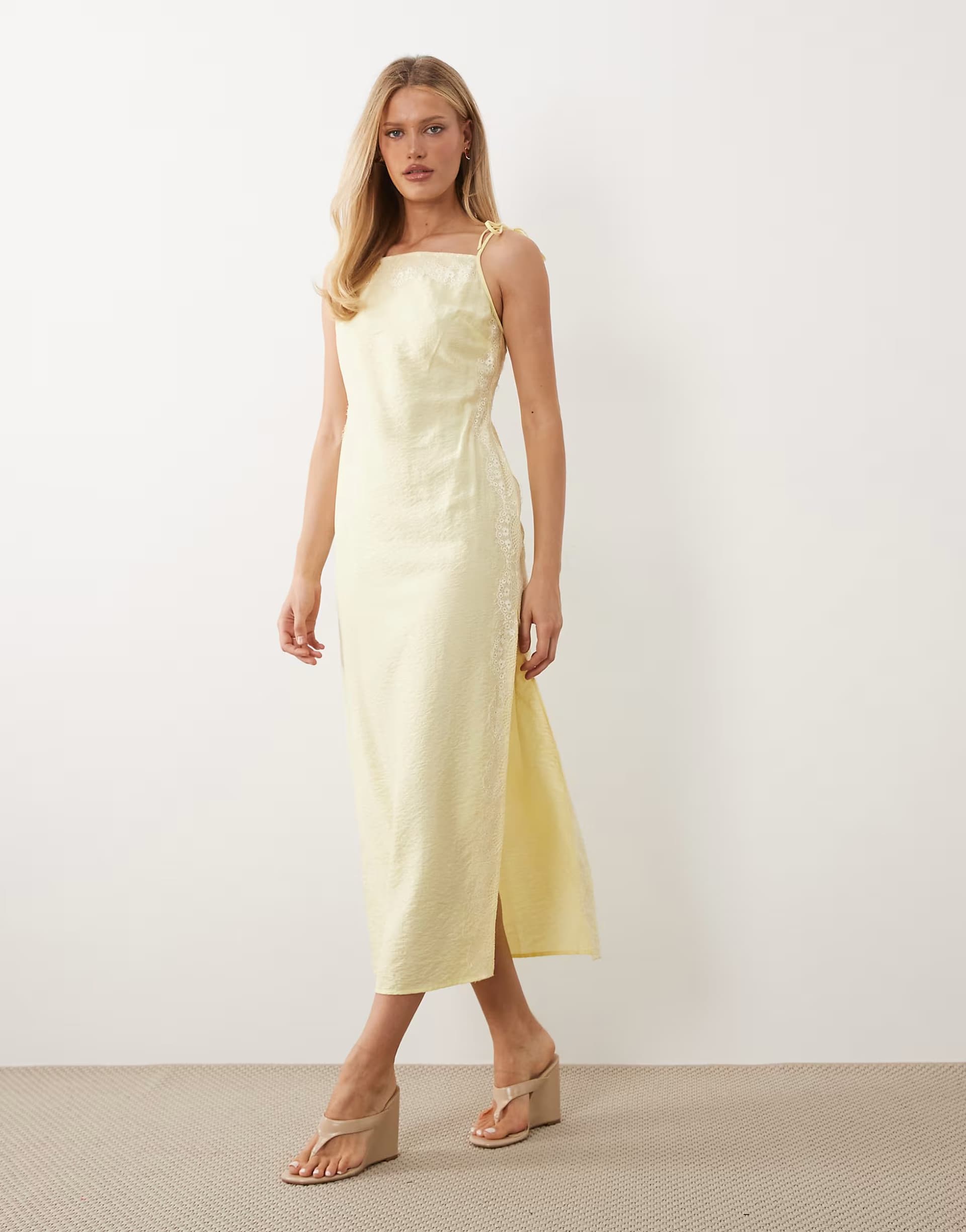 ASOS ASOS DESIGN cami square neck crinkle satin lace detail maxi dress in lemon