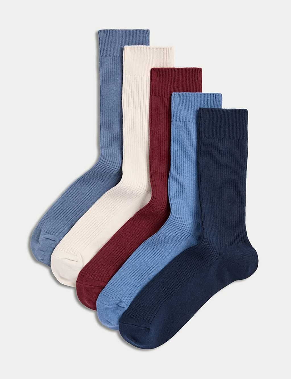 Marks & Spencer M&S 5 Pack Cotton Rich Ribbed Socks Blue Mix
