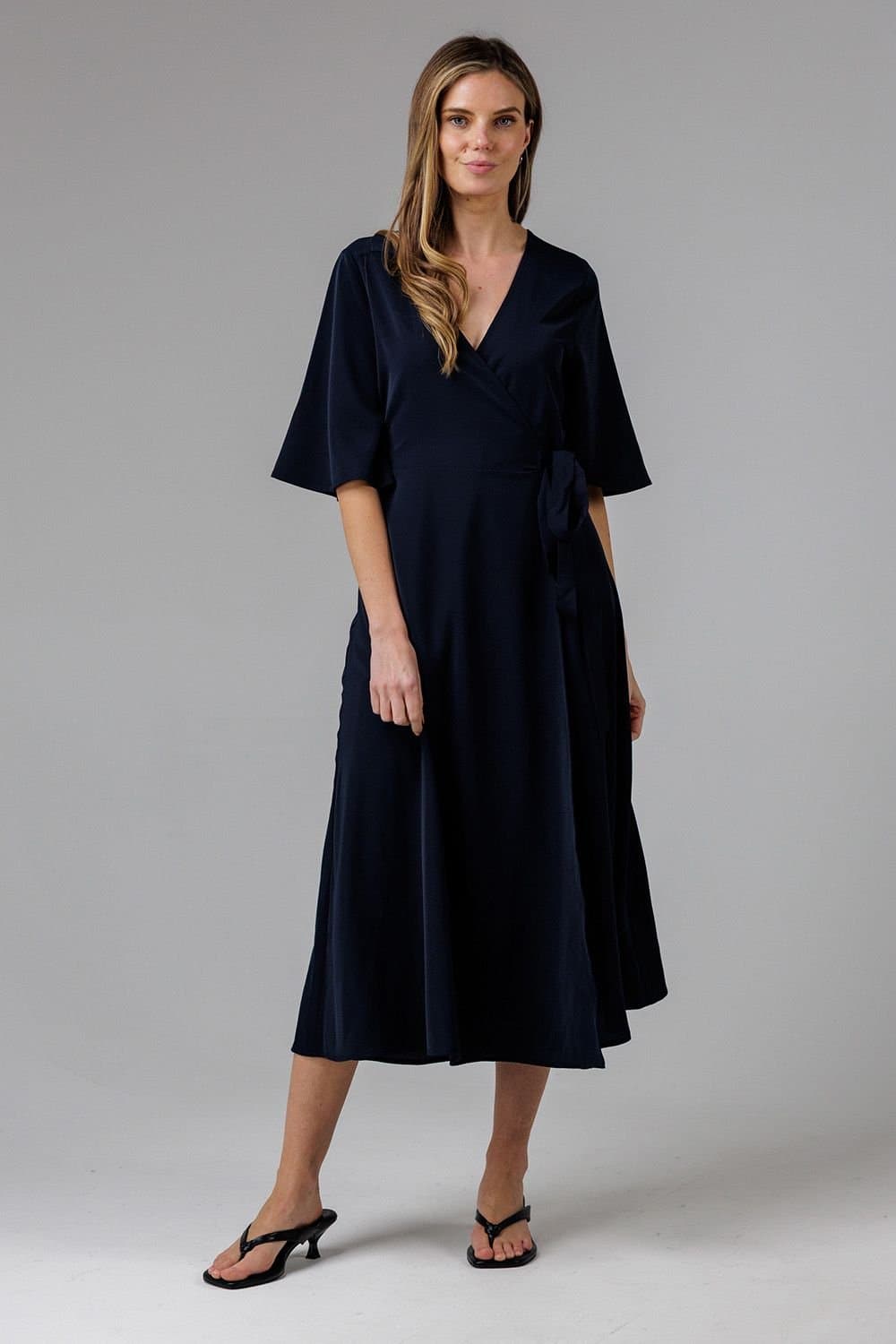 French Connection French Connection Women's V- Neck Bell Sleeve Wrap Tie Crepe Midi Dress in Navy