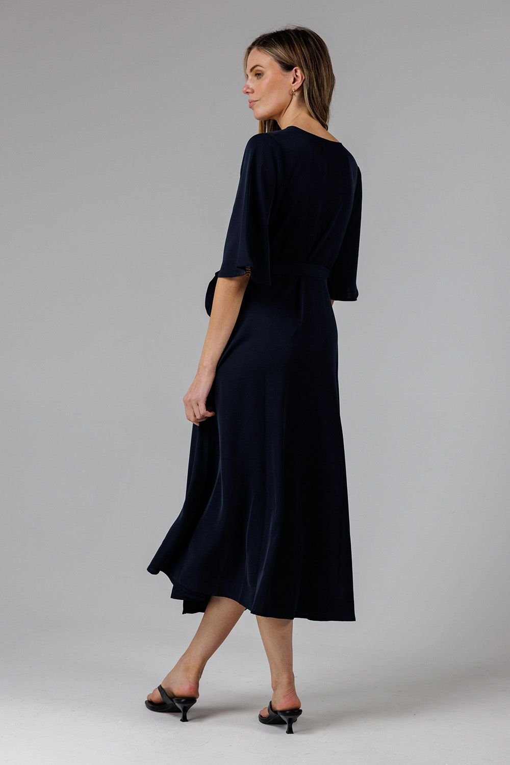 French Connection French Connection Women's V- Neck Bell Sleeve Wrap Tie Crepe Midi Dress in Navy - 2