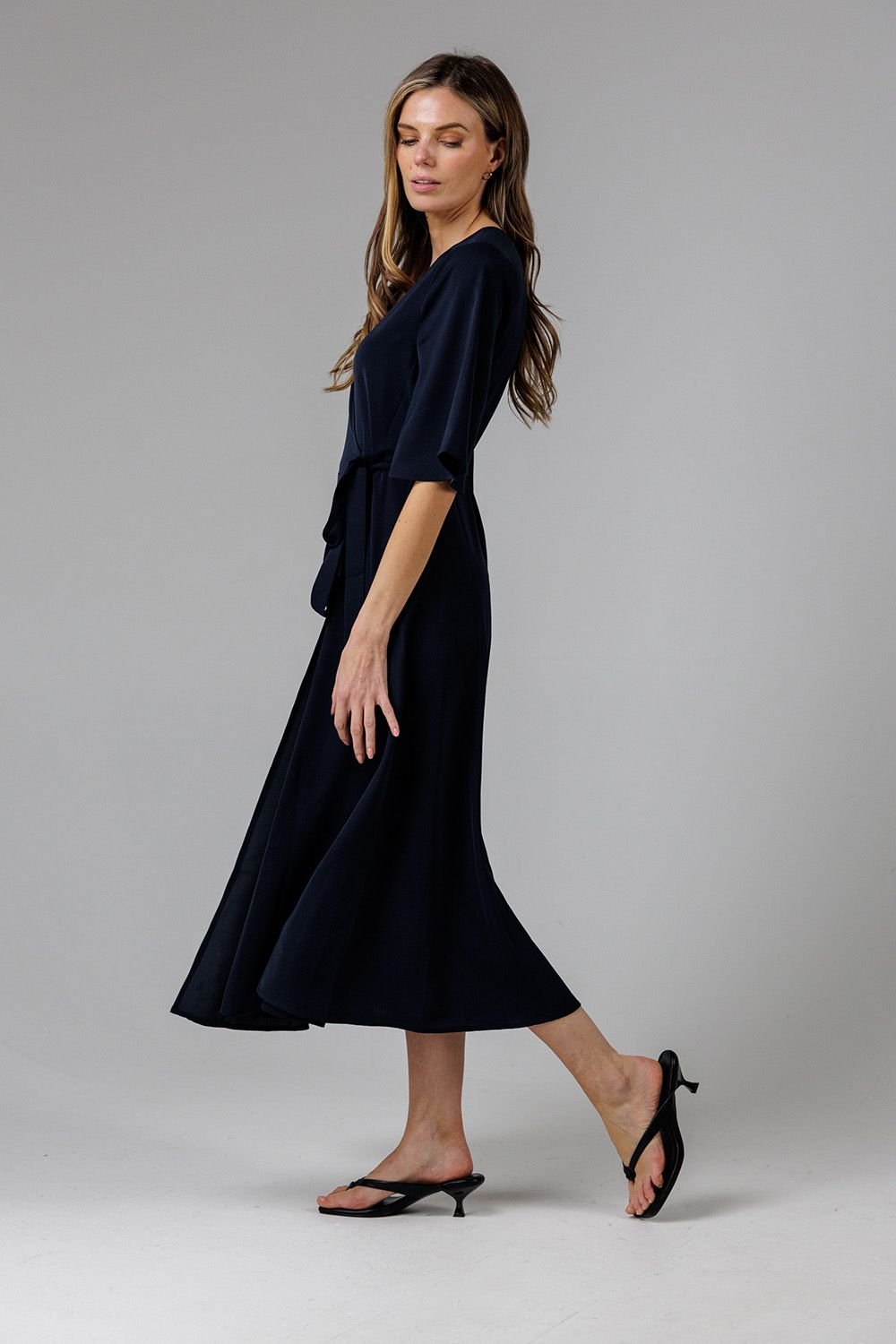 French Connection French Connection Women's V- Neck Bell Sleeve Wrap Tie Crepe Midi Dress in Navy - 3