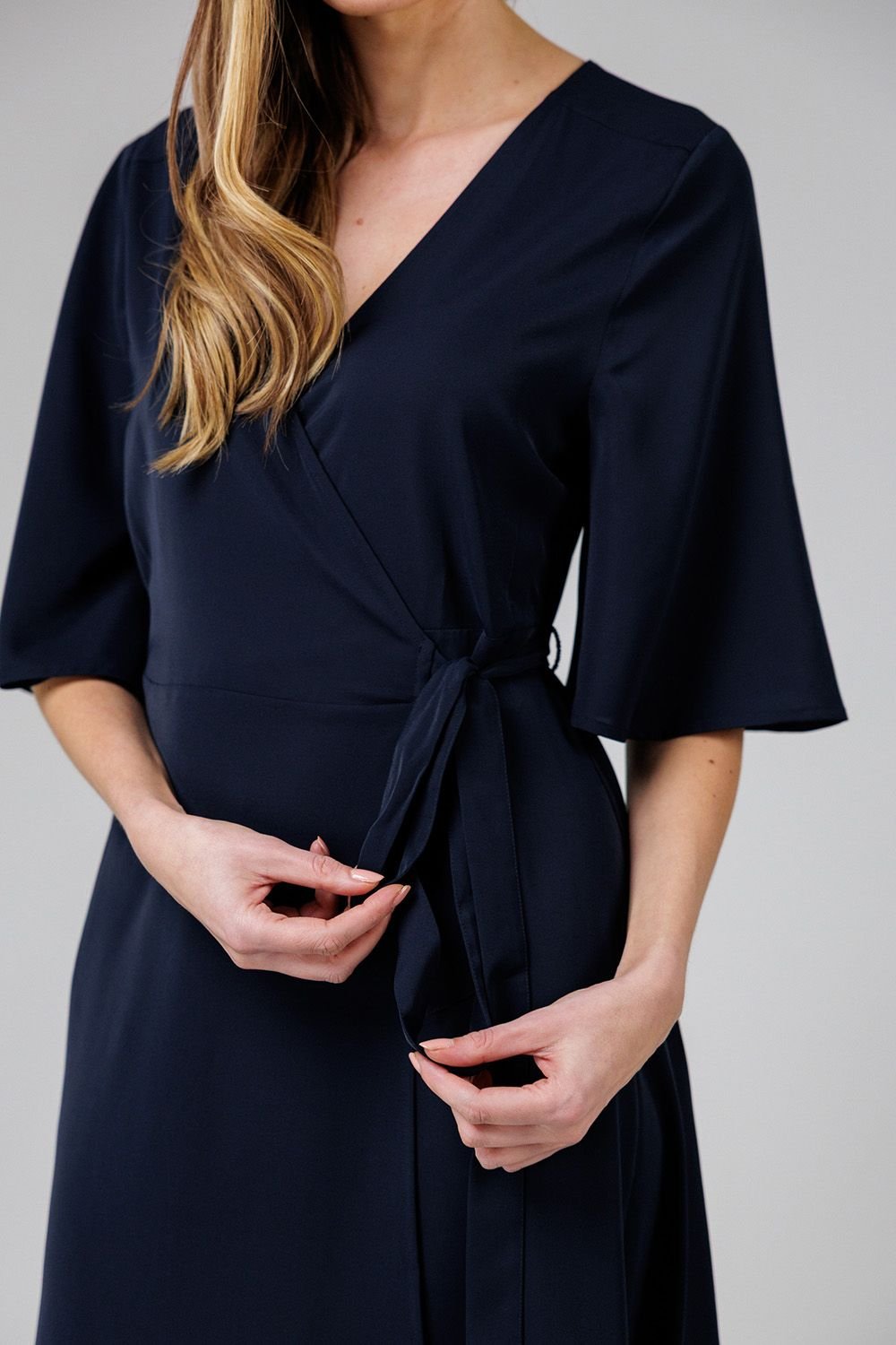 French Connection French Connection Women's V- Neck Bell Sleeve Wrap Tie Crepe Midi Dress in Navy - 4