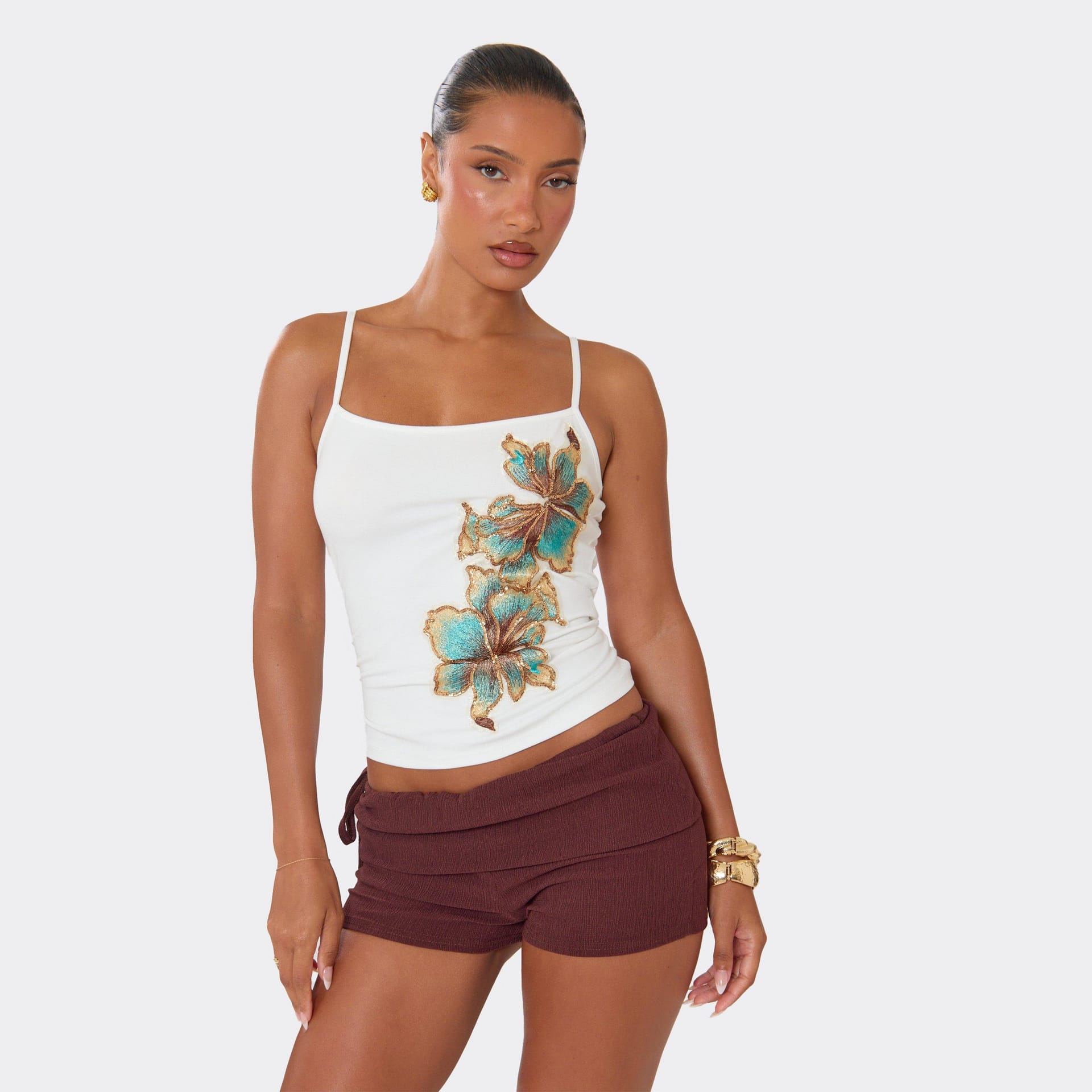 EGO White Floral Embroidered Scoop Neck Cami Top