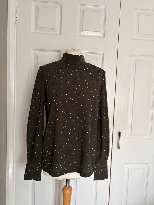 H&M H&M Khaki Polka Dot Blouse High Neck Long Sleeve Size 10