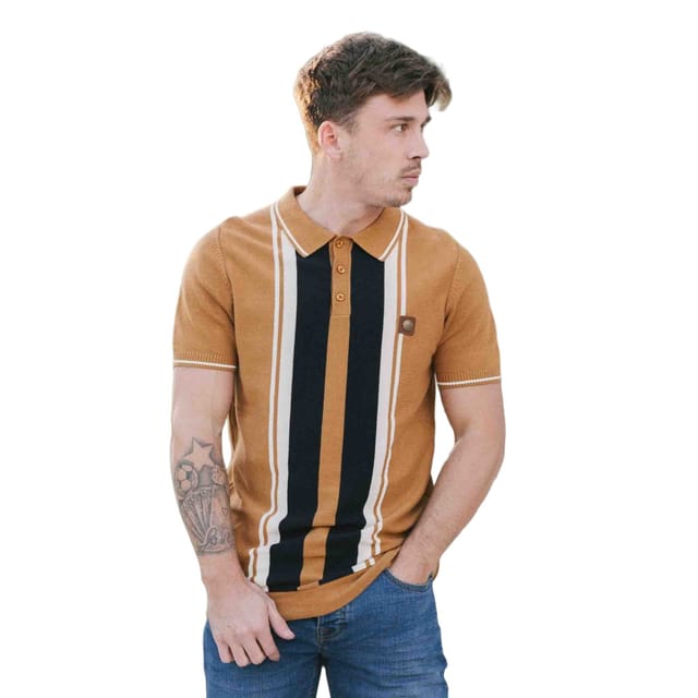Lambretta Lambretta Men's Gr Striped Knitted Short-Sleeved Polo Shirt in Light Brown - 3