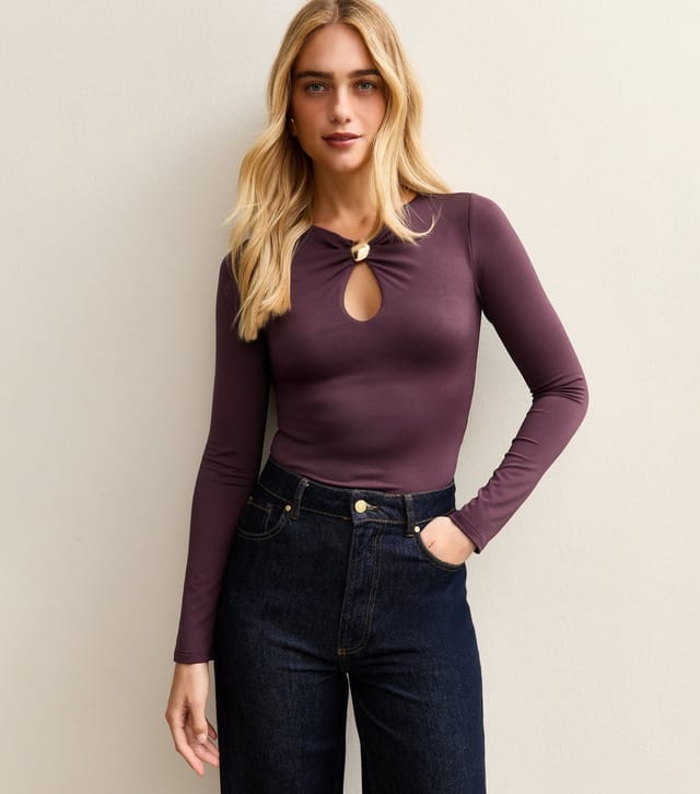 New Look Women's Dark Purple Front Keyhole Long Sleeve Top New Look - 2