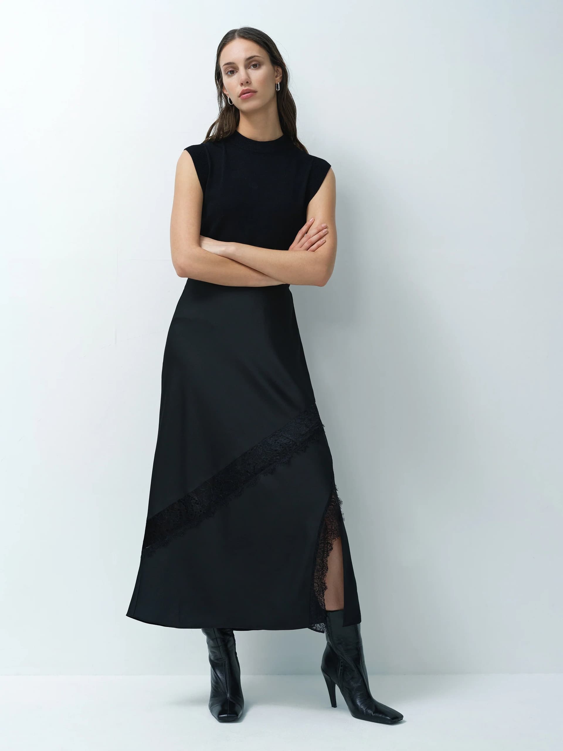 French Connection Dahlia Dark Grey Satin Lace Mix Midi Skirt Graphite Grey/Black