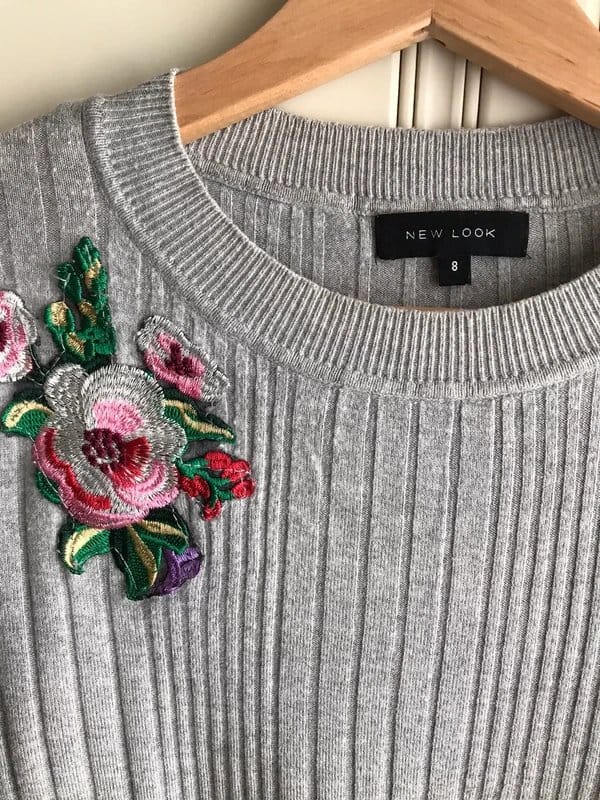 New Look Grey Ribbed Jumper with Embroidered Flowers