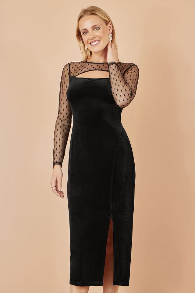 Yumi Yumi Women's Black Velvet Midi Dress With Slash Neckline & Sheer Sleeves - 2
