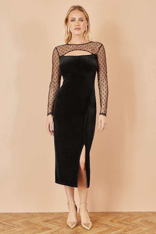 Yumi Yumi Women's Black Velvet Midi Dress With Slash Neckline & Sheer Sleeves - 3