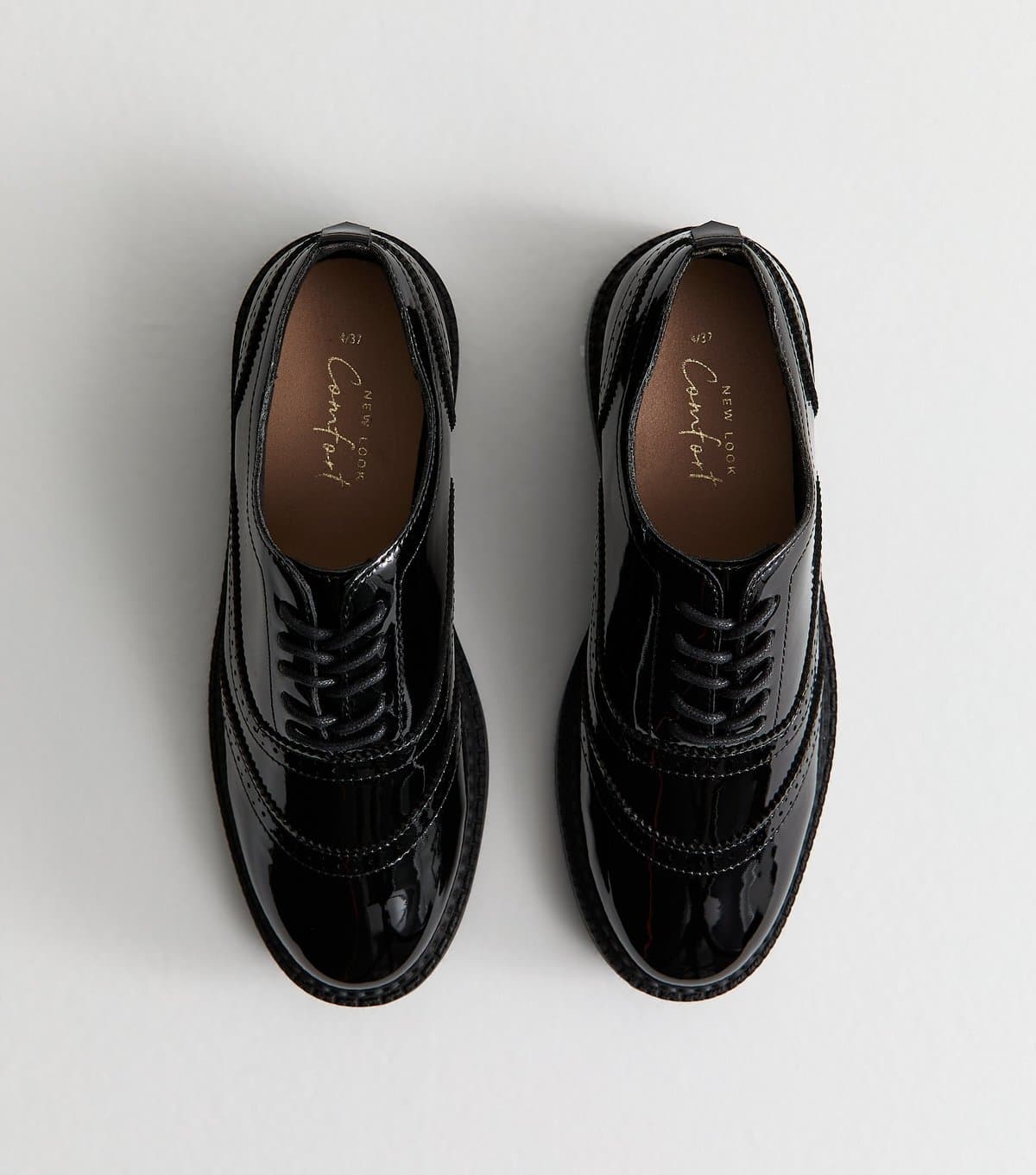 New Look Women's Black Faux Leather Patent-Look Brogues Vegan New Look