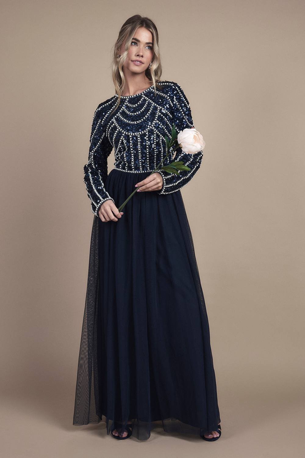 Coast Coast Women's Teen Pearl Embellished Bodice Bridesmaid Tulle Skirt Dress in Navy - 2