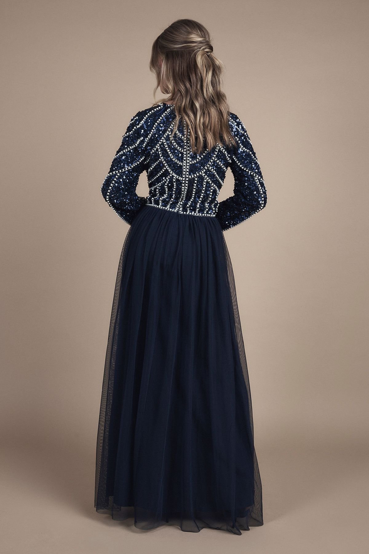 Coast Coast Women's Teen Pearl Embellished Bodice Bridesmaid Tulle Skirt Dress in Navy - 3