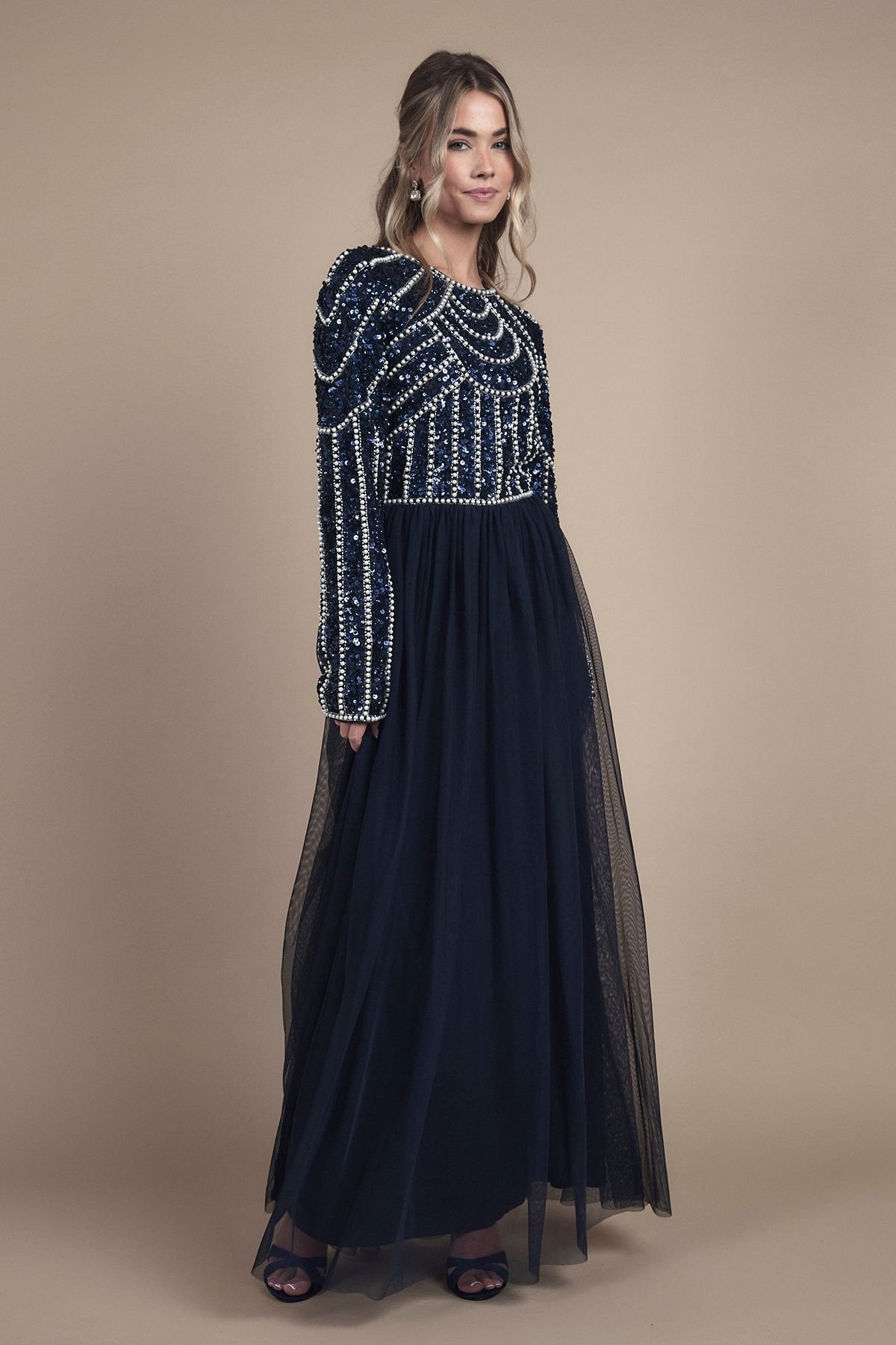 Coast Coast Women's Teen Pearl Embellished Bodice Bridesmaid Tulle Skirt Dress in Navy - 4