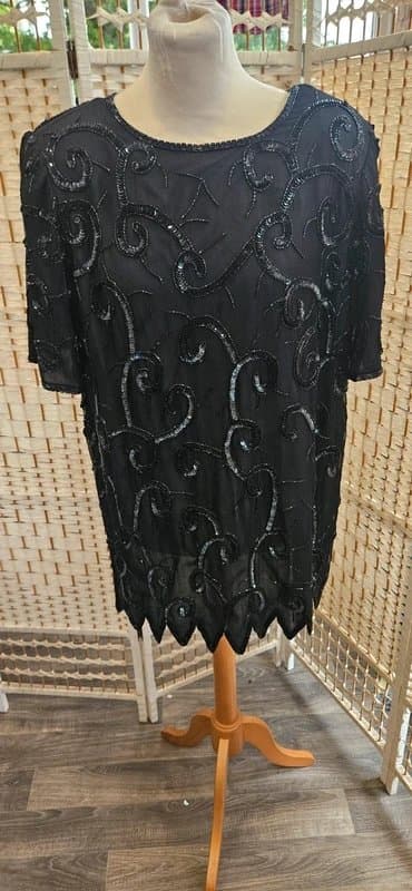 Vintage Dressing Rare Vintage 1980s Black Pure Silk Hand Beaded Sequin Top UK 16