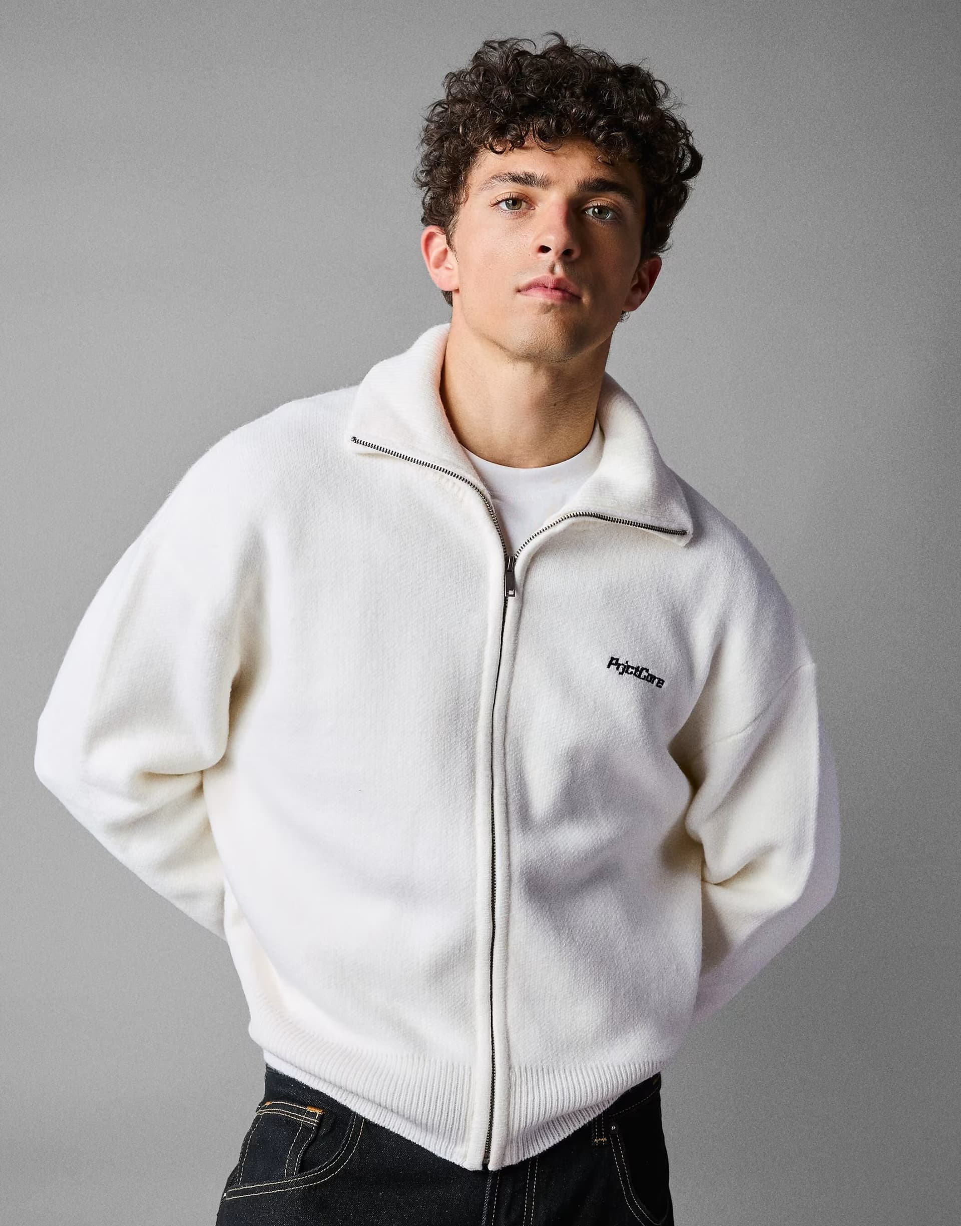 ASOS Bershka Boxy zip-up knit jacket in white