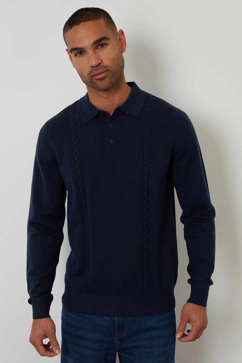 Threadbare Threadbare Men's Cable Knit Long Sleeve Polo Jumper in Navy
