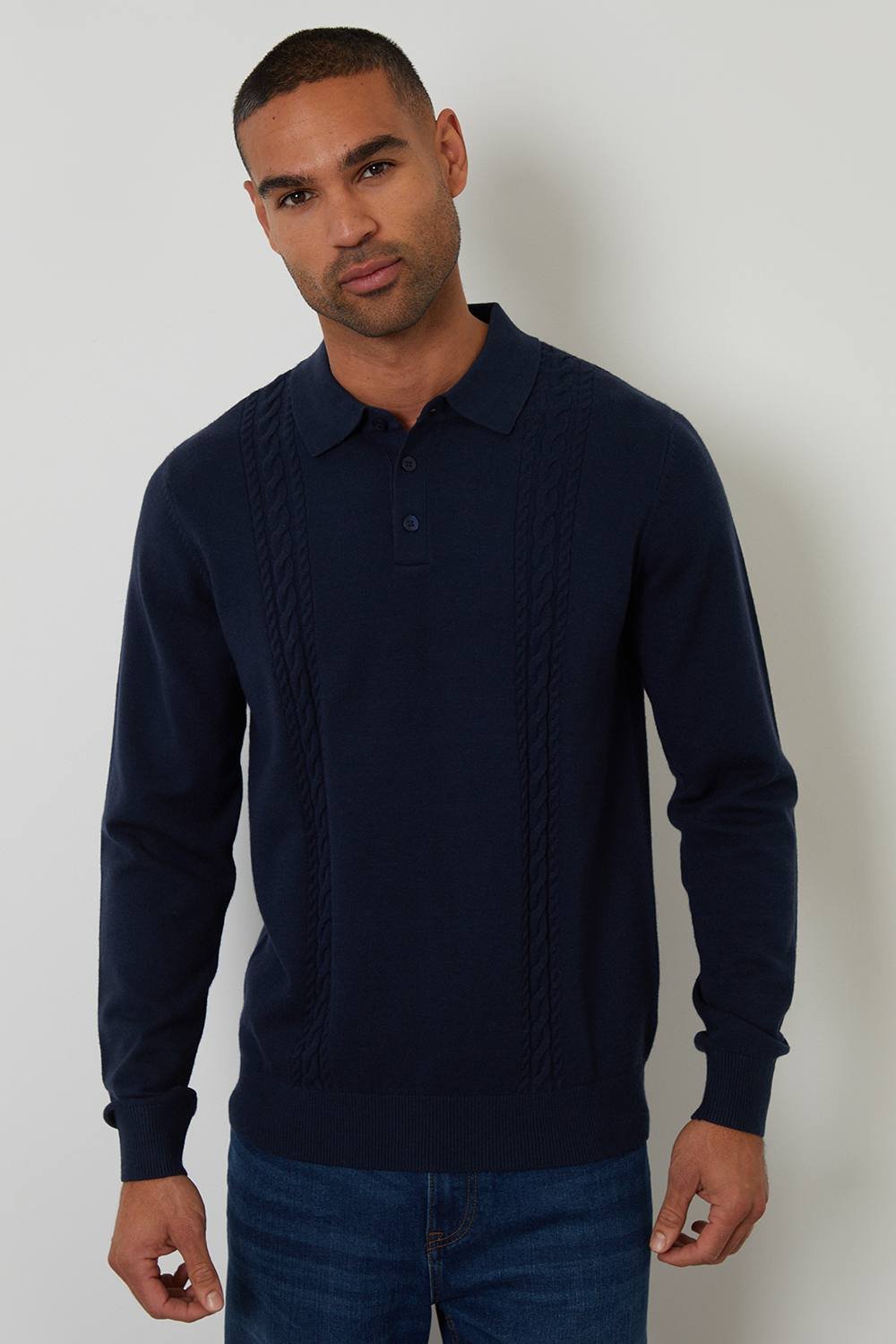 Threadbare Threadbare Men's Cable Knit Long Sleeve Polo Jumper in Navy - 2