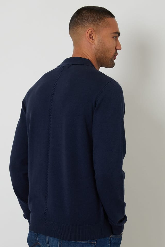 Threadbare Threadbare Men's Cable Knit Long Sleeve Polo Jumper in Navy - 2