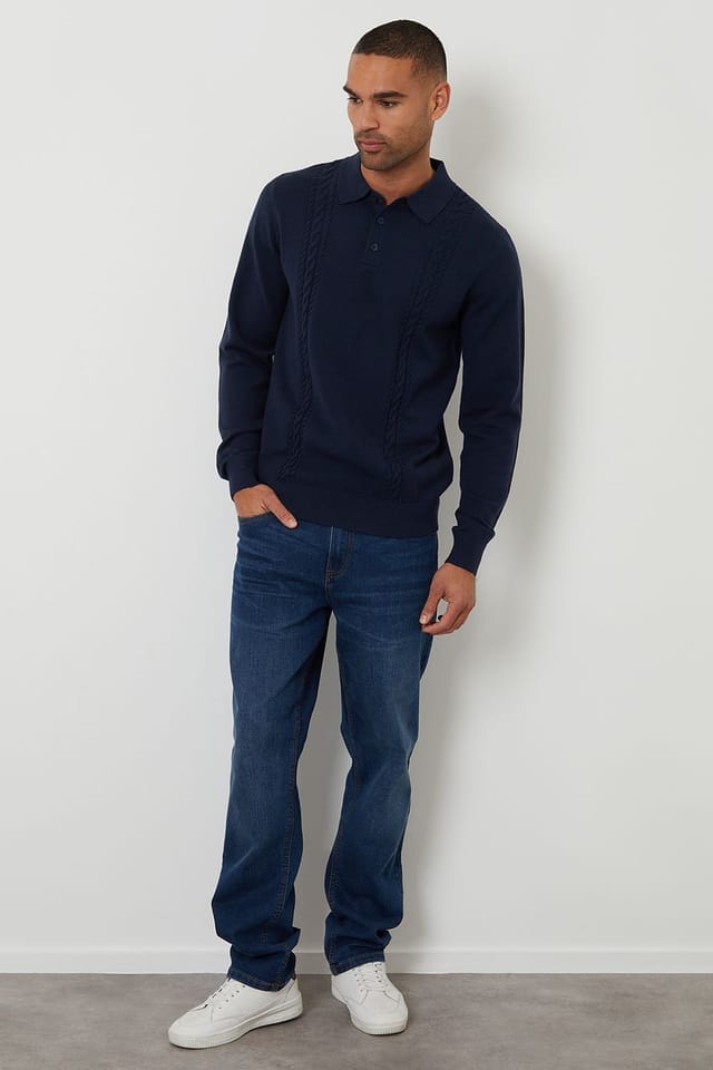 Threadbare Threadbare Men's Cable Knit Long Sleeve Polo Jumper in Navy - 3