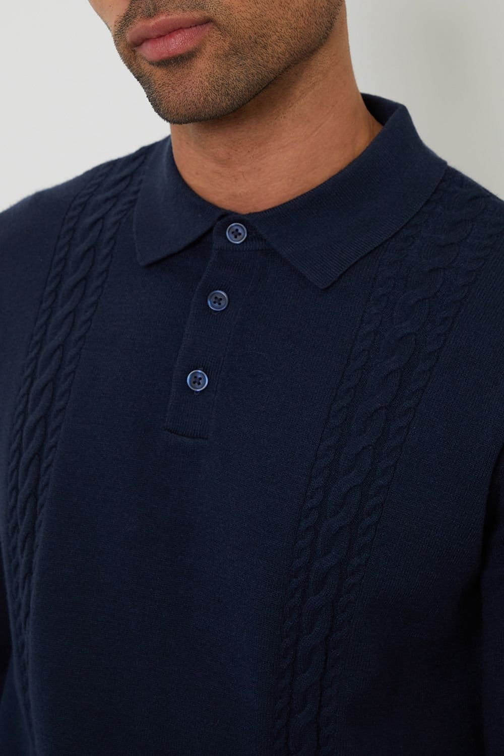 Threadbare Threadbare Men's Cable Knit Long Sleeve Polo Jumper in Navy - 4