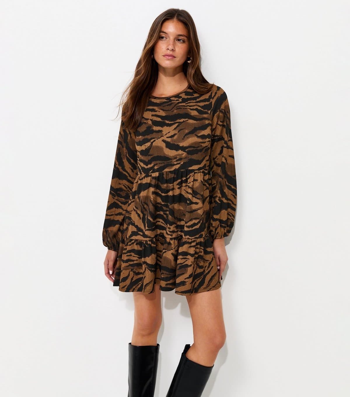 New Look Women's Brown Textured Tiger Print Long Sleeve Mini Dress New Look