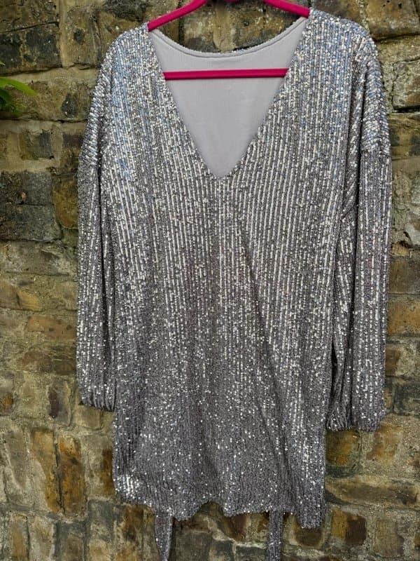 ASOS Sparkly Silver Sequin Reversible ASOS Tie Waist Mini Dress