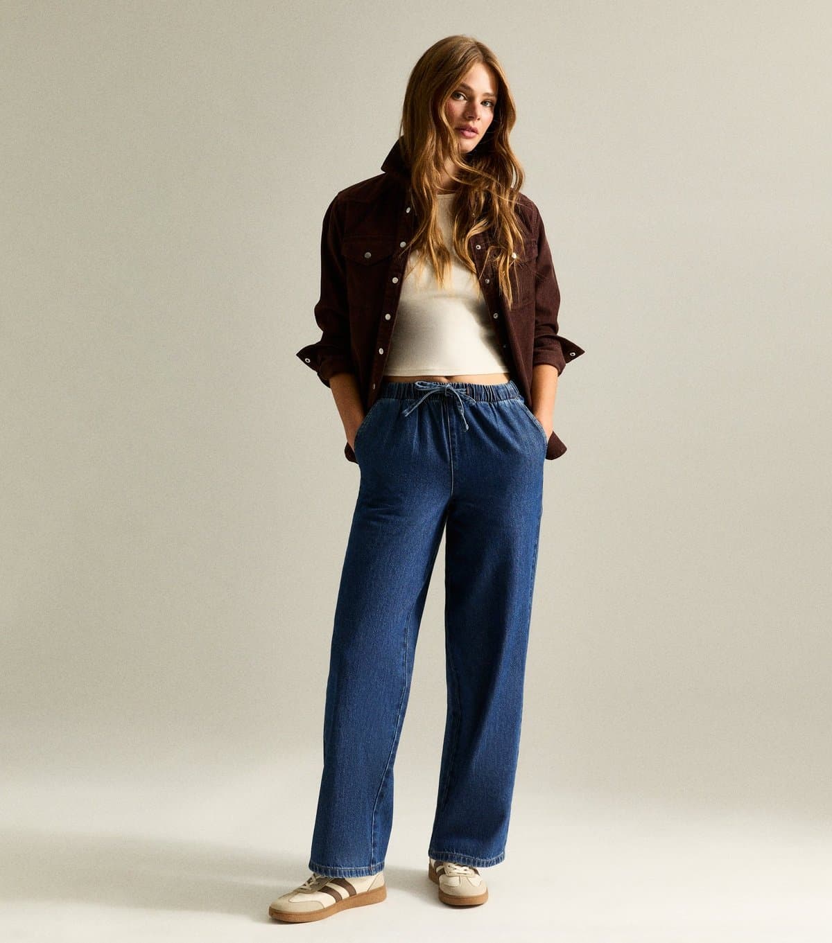 New Look Women's Blue Denim Wide Leg Drawstring Waist Jeans New Look