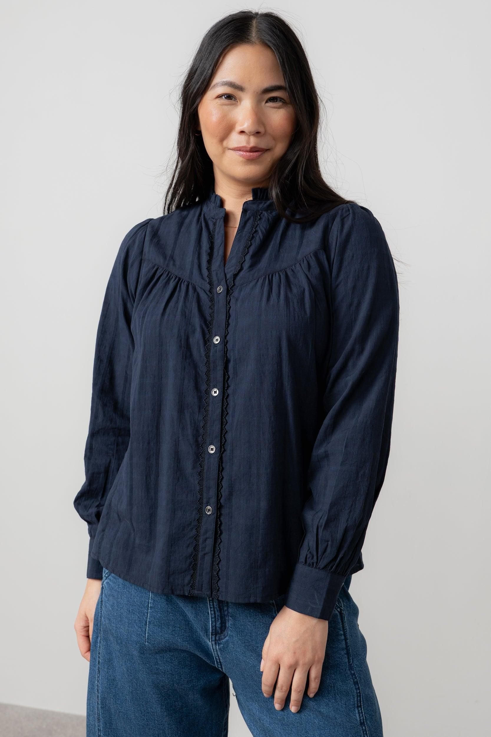 Lily & Me Lily & Me Women's Wayfaring Check Cotton Long Sleeve Blouse in Navy - 2